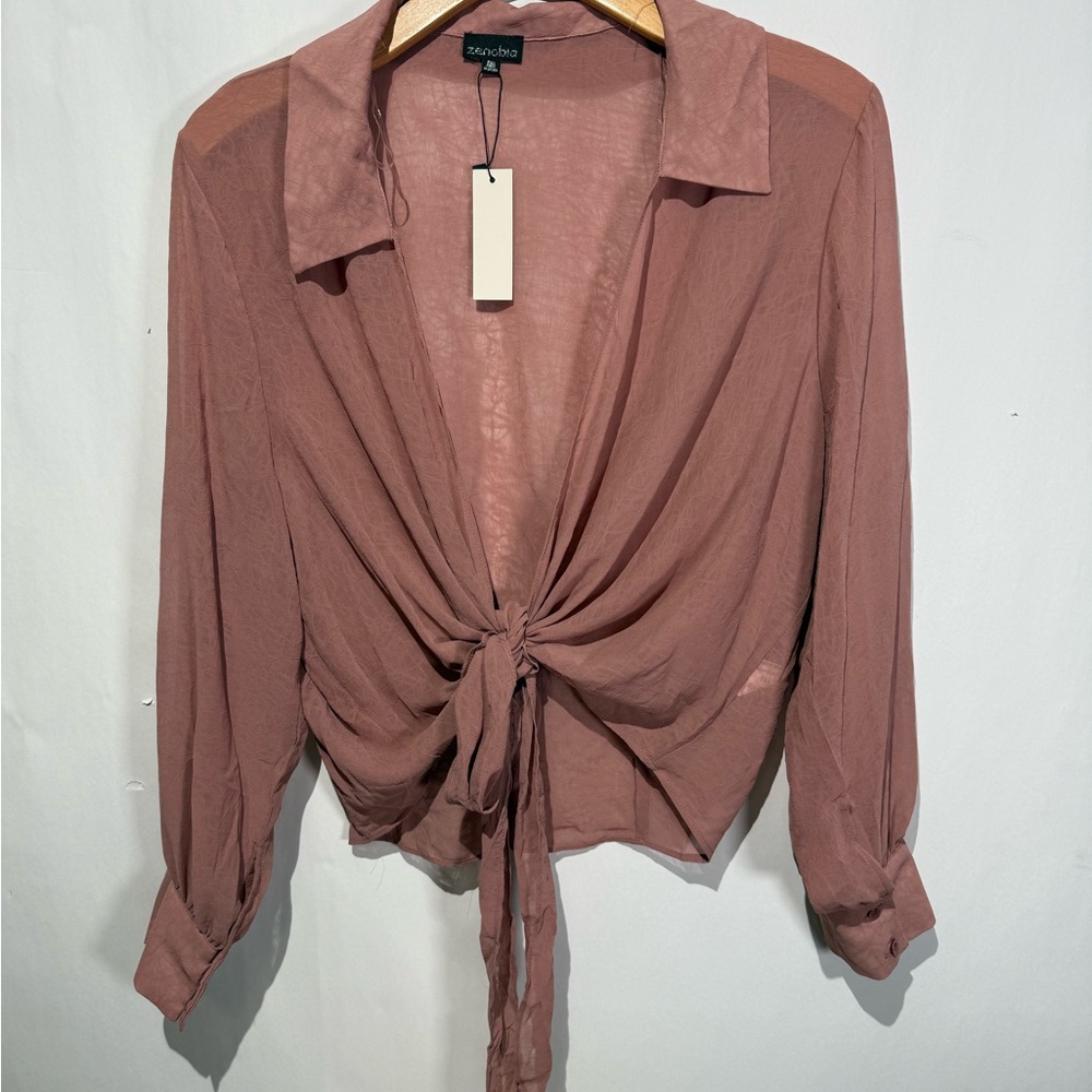 NWT Zenobia Mauve Blouse Sheer Long Sleeve Tie At Waist Top women's 3xl